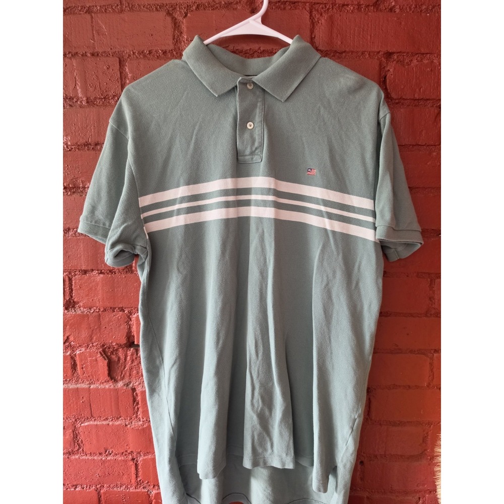 Ralph Lauren Polo Jeans Co Mens M Green Striped Polo Shirt 100% Cotton Flag Logo
